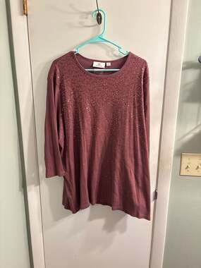 Quacker Factory 2X Plum Ribbed Sequin Embellished 3/4 Sleeve Top